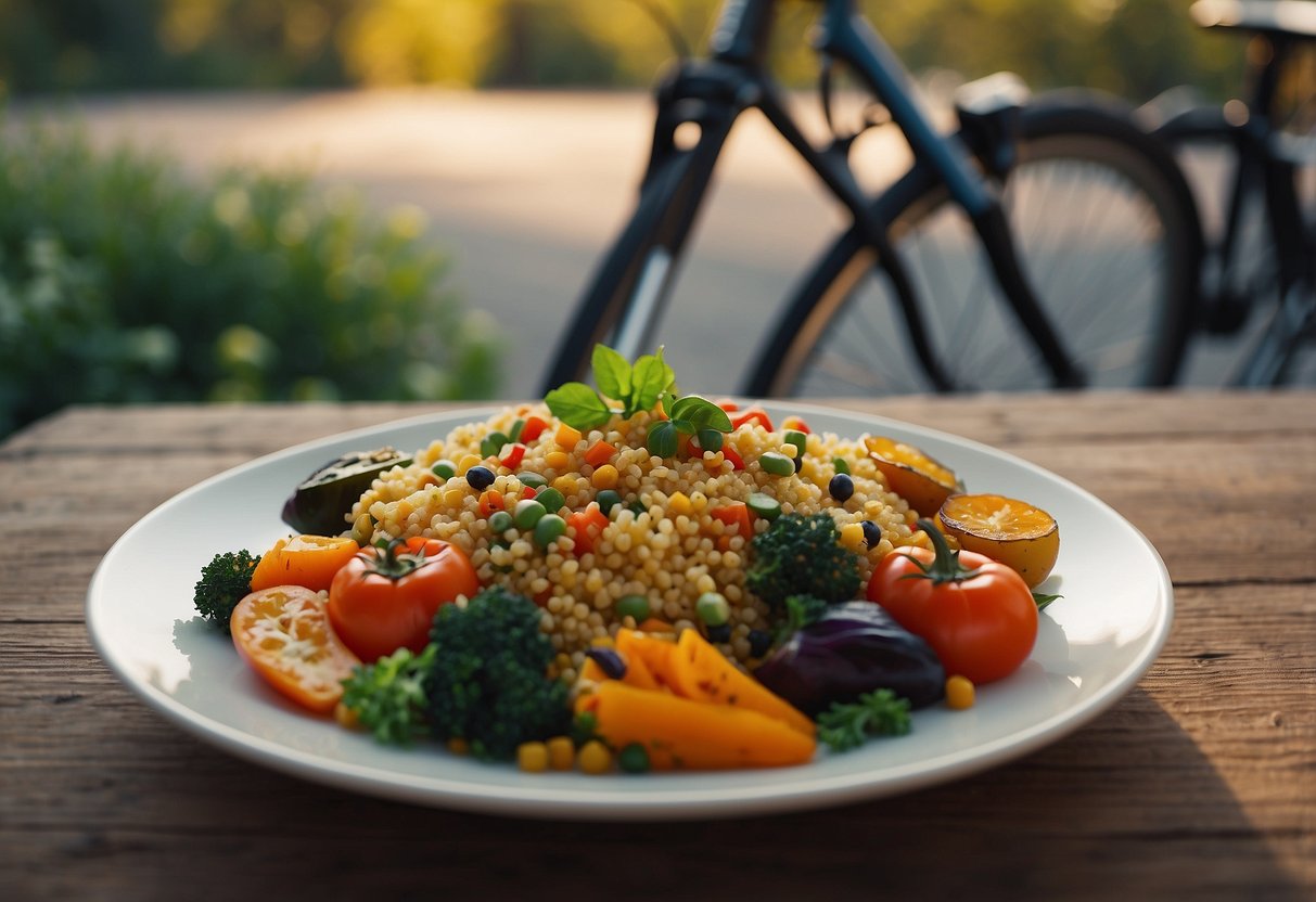 A plate of couscous with colorful roasted vegetables arranged around it, with a bicycle and outdoor scenery in the background