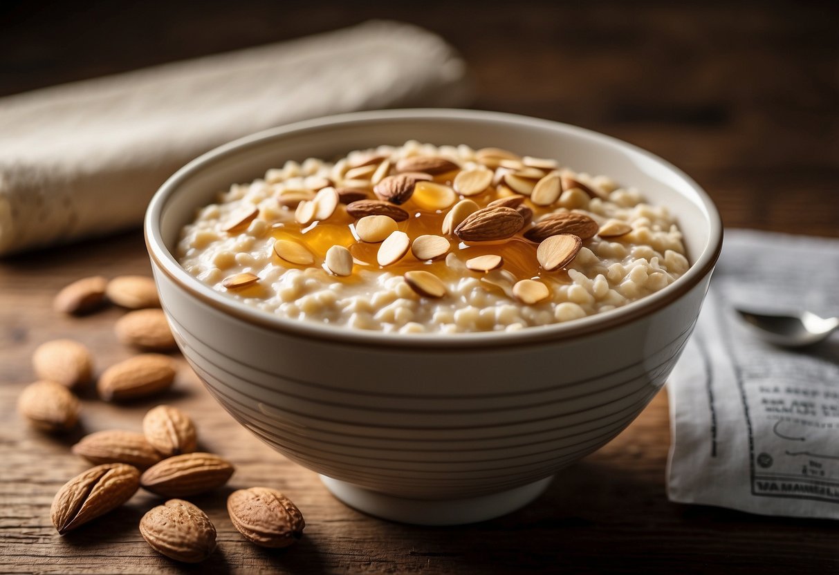 A bowl of oatmeal topped with almonds and drizzled with honey sits on a wooden table, surrounded by a water bottle and a map, ready for a biking trip