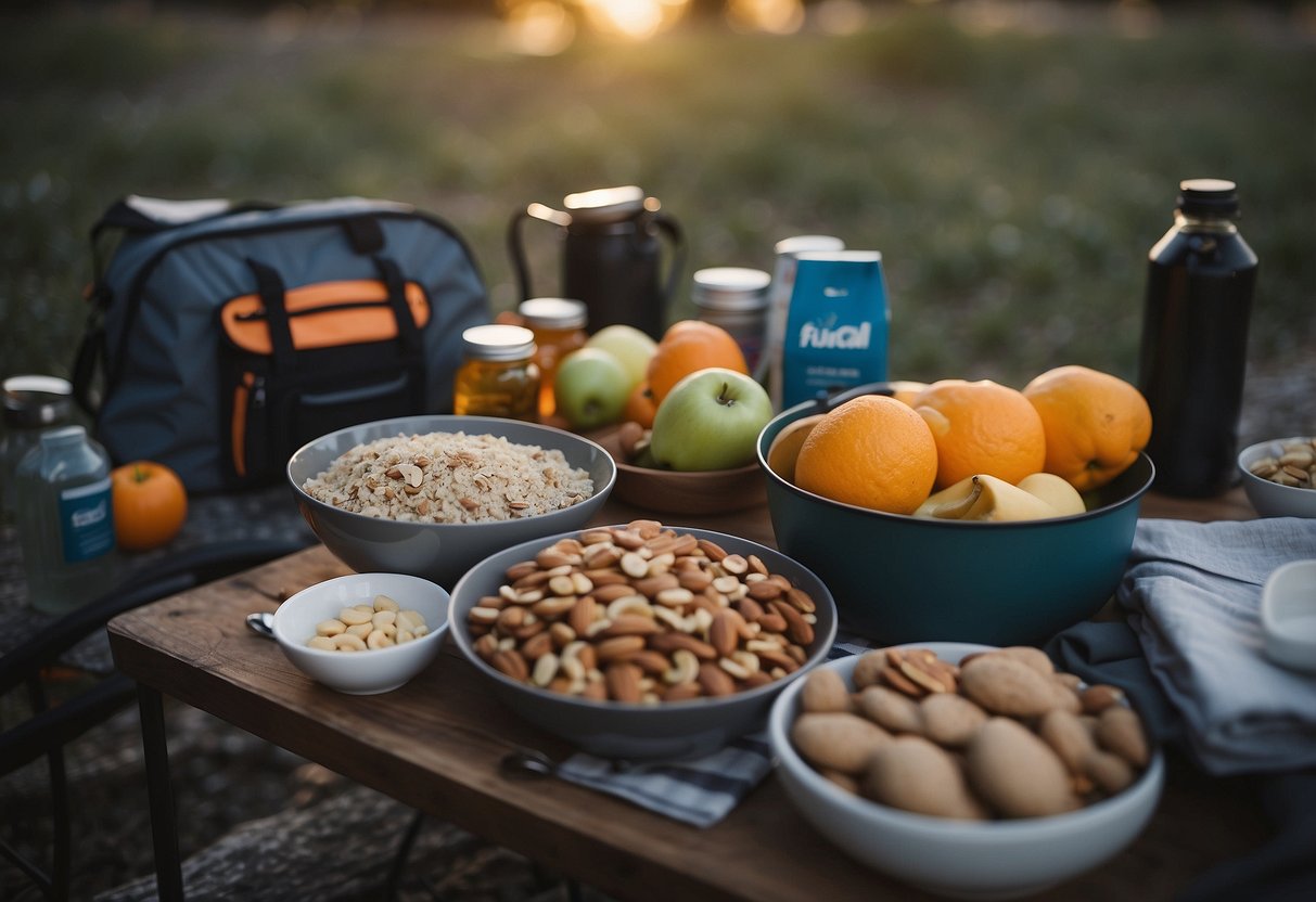 A cyclist sits by a campfire, surrounded by lightweight and nutritious meal options for biking trips. Fruits, nuts, and energy bars are neatly arranged on a portable table, ready to fuel the next adventure