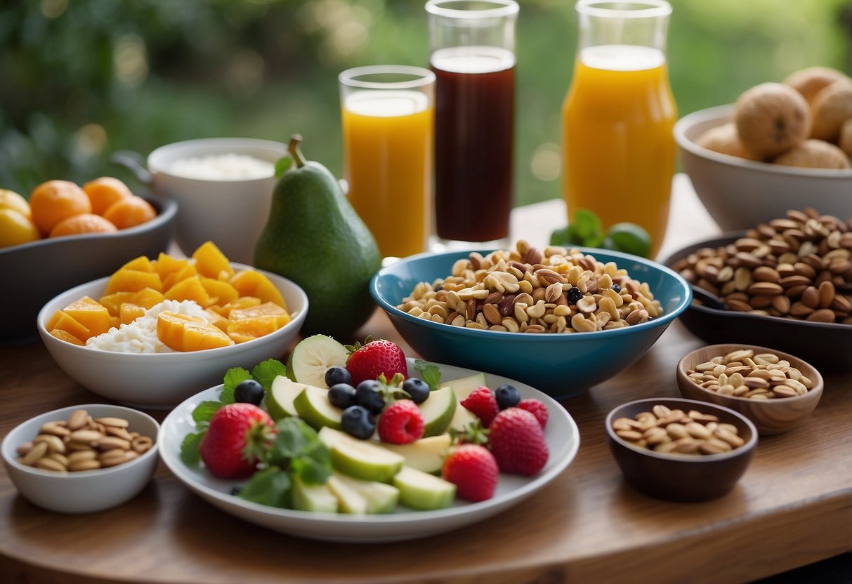 A table with a spread of lightweight and nutritious meal options, including fruits, vegetables, nuts, and protein bars, ready for a biker's trip