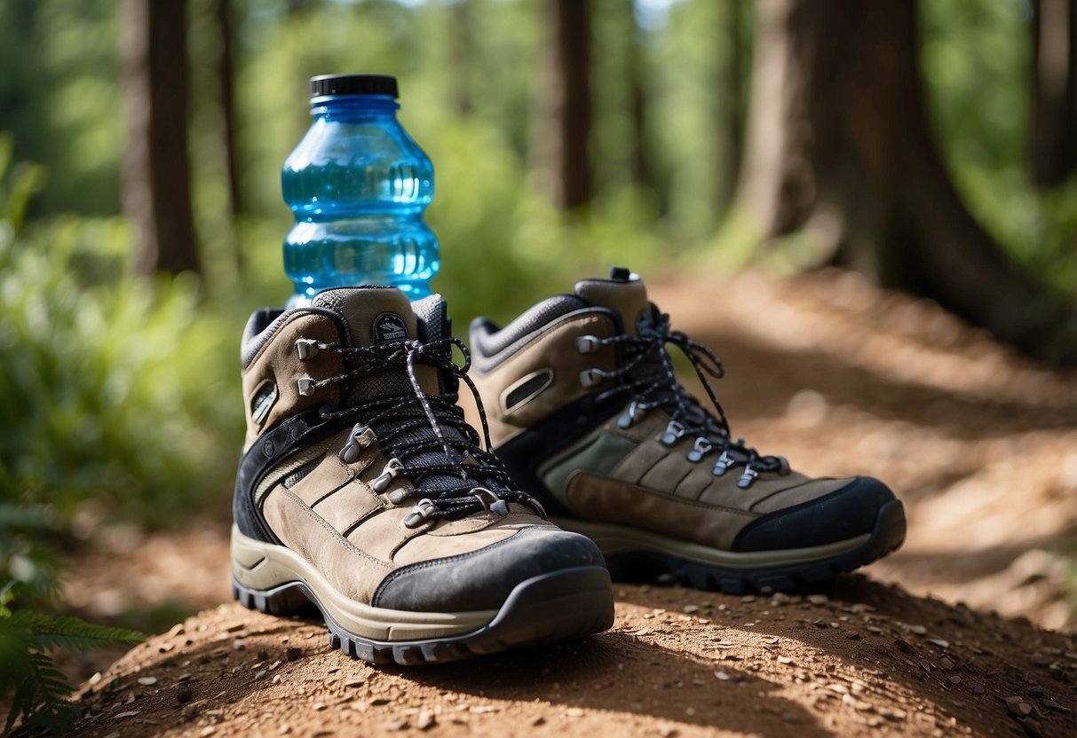 Hiking boots on a dirt trail, surrounded by lush green trees and a clear blue sky. A water bottle and healthy snacks sit nearby