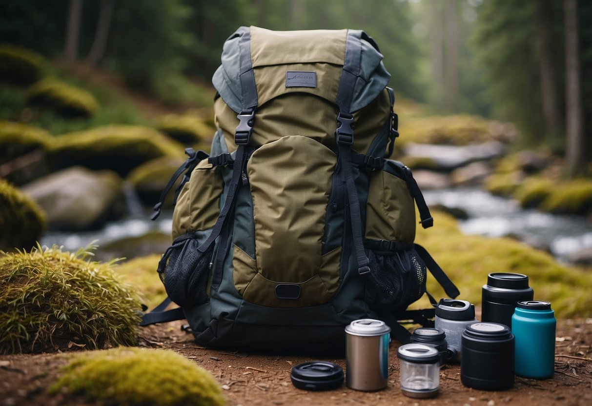 A backpack sits on the ground, surrounded by hiking gear. It looks sturdy and comfortable, ready for a long trek through the wilderness