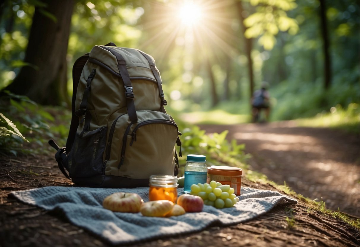 A serene forest trail with a hiker's backpack, water bottle, and healthy snacks scattered on a blanket under a shady tree. Sunlight filters through the leaves, creating a peaceful and inviting atmosphere