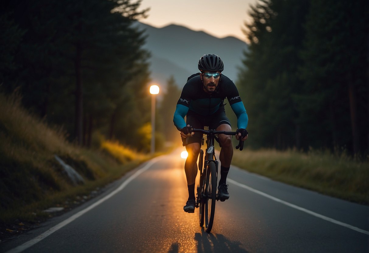 A cyclist riding at night with a lightweight headlamp illuminating the trail ahead. The headlamp is securely fastened to the helmet, providing a bright and steady beam of light