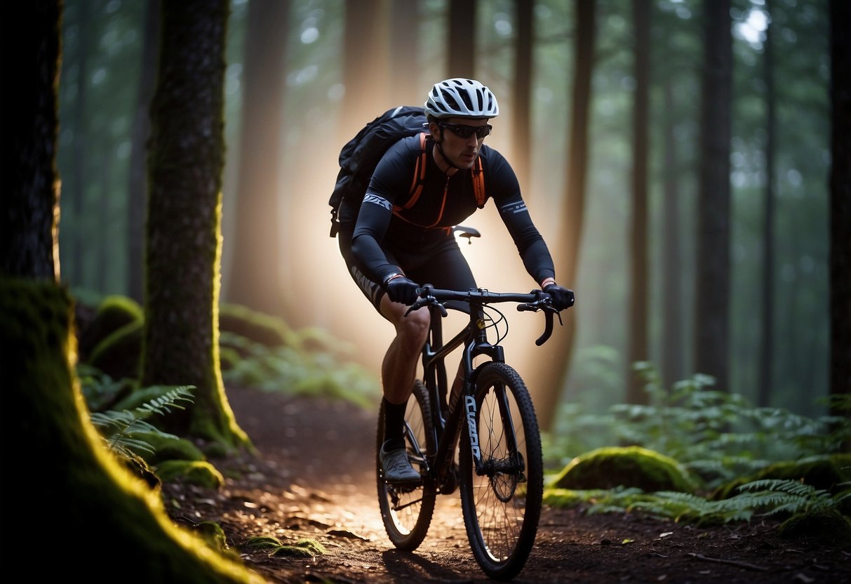 A cyclist rides through a dark forest trail, illuminated by the bright beam of the Black Diamond Sprint 225 headlamp. The lightweight, compact design allows for easy maneuvering through the winding path