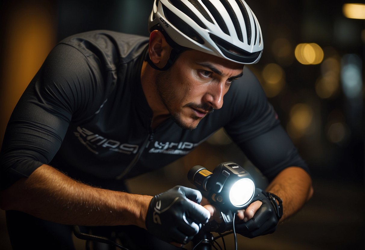 A cyclist adjusts a lightweight headlamp, comparing options. Five headlamps are displayed, highlighting their features for biking