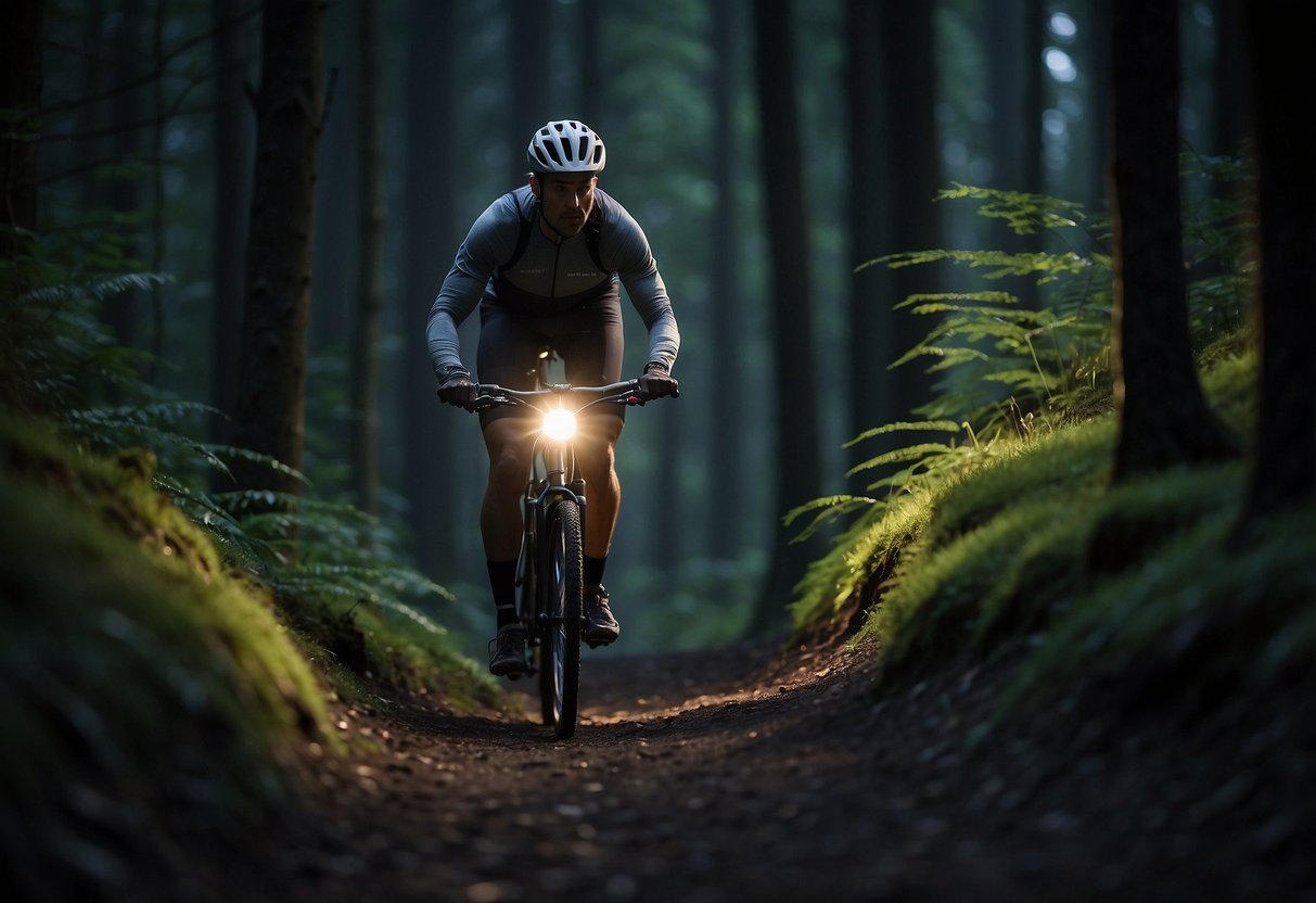 A cyclist rides through a dark forest trail, illuminated by a lightweight headlamp. The beam of light cuts through the darkness, providing safety and visibility