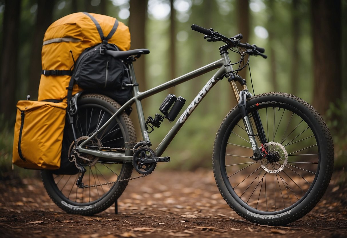 A bicycle loaded with lightweight gear, a compact tent, and minimal supplies. A scale displaying decreasing weight. A checklist with items crossed off