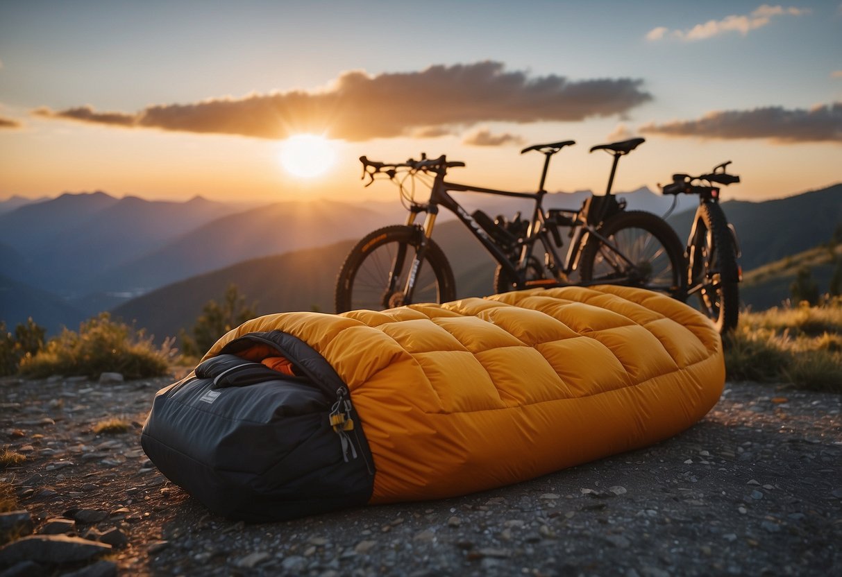 A compact sleeping bag lies next to a bike, surrounded by lightweight gear. The sun sets behind a mountain, casting a warm glow on the scene