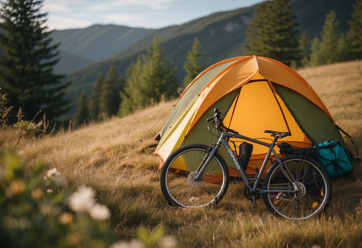 A colorful lightweight tent pitched on a grassy hill, surrounded by trees. Nearby, a bicycle is leaned against a tree, with a backpack and gear neatly arranged next to it