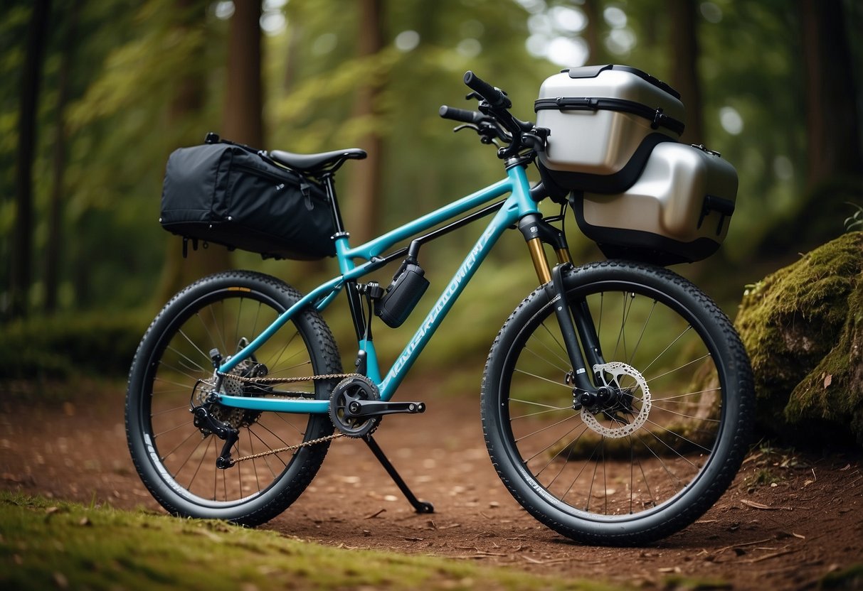 A compact bike loaded with lightweight titanium cookware, neatly packed for a biking trip