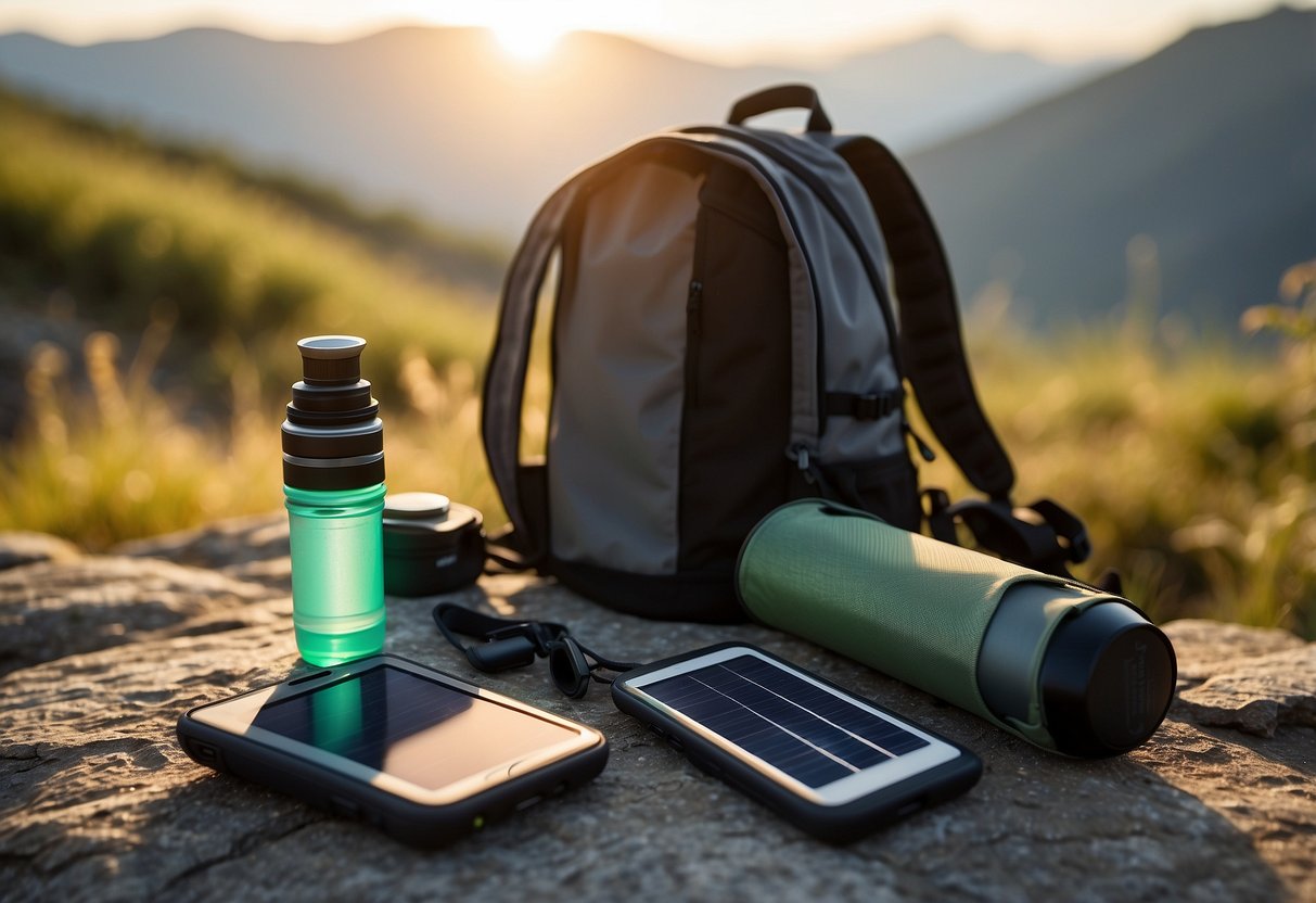 A portable solar charger sits on a compact backpack next to a water bottle and a map. The sun shines down on the scene, highlighting the lightweight and efficient gear for a biking trip