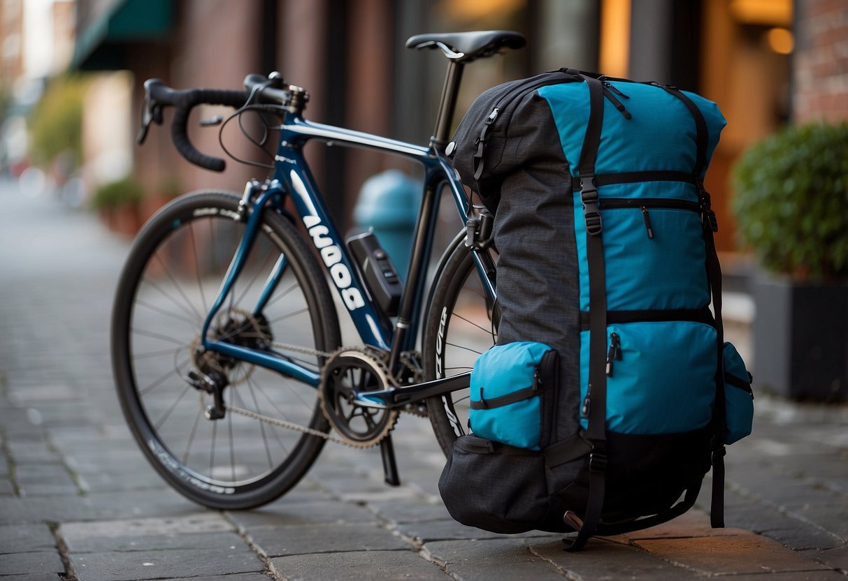 A bicycle loaded with lightweight Merino wool clothing, neatly packed and ready for a biking trip. The clothing is compact and efficient, perfect for reducing pack weight