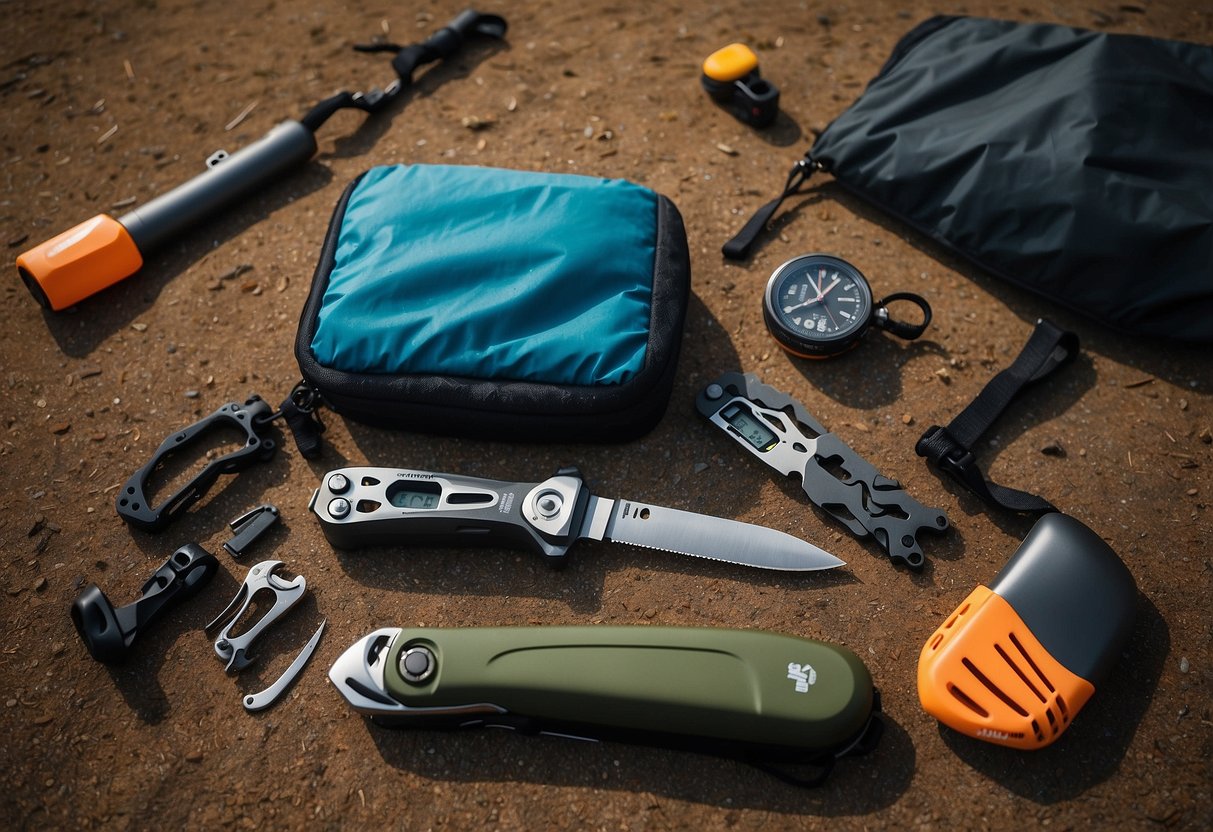 A multi-tool knife lies next to a compact bike packing setup. Items such as a lightweight tent, sleeping bag, and cooking gear are neatly arranged, showcasing efficient packing for biking trips