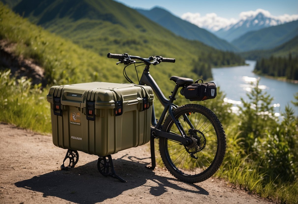 A Pelican Elite 20 Quart cooler sits securely on a bike rack, ready for a day of adventure. The rugged exterior and secure latches are highlighted, with a backdrop of scenic biking trails