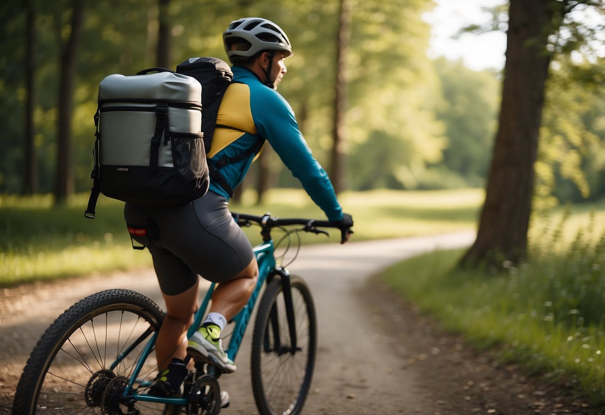 A cyclist rides through a scenic trail, with a biking cooler attached to the back of the bike. The cooler is securely fastened and keeps drinks and snacks cold during the ride