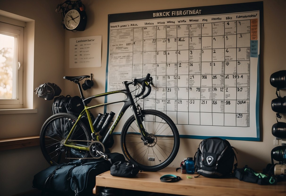 A calendar with biking trip dates circled, surrounded by biking gear, water bottles, and a map. A checklist of training tips is pinned on the wall