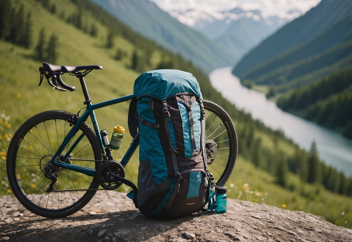 A bicycle with high-quality gear, helmet, water bottle, map, and a backpack on a scenic trail with mountains in the background