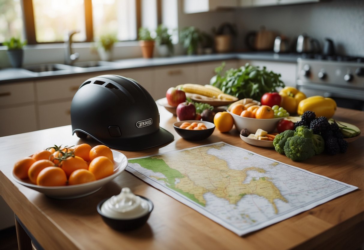 A table with a variety of healthy foods, a water bottle, a bike helmet, and a map laid out on a clean, organized kitchen counter