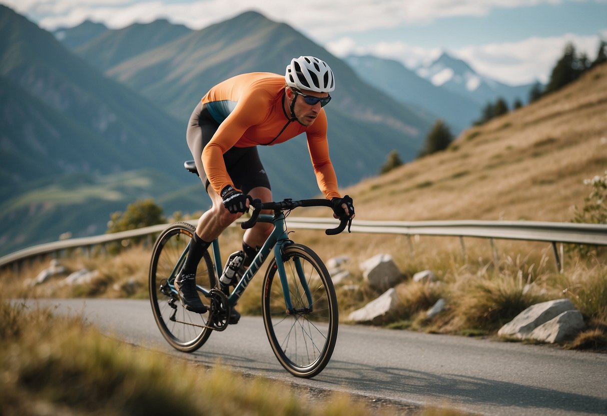 A cyclist speeding up a steep hill, with a determined expression, surrounded by a scenic mountain landscape