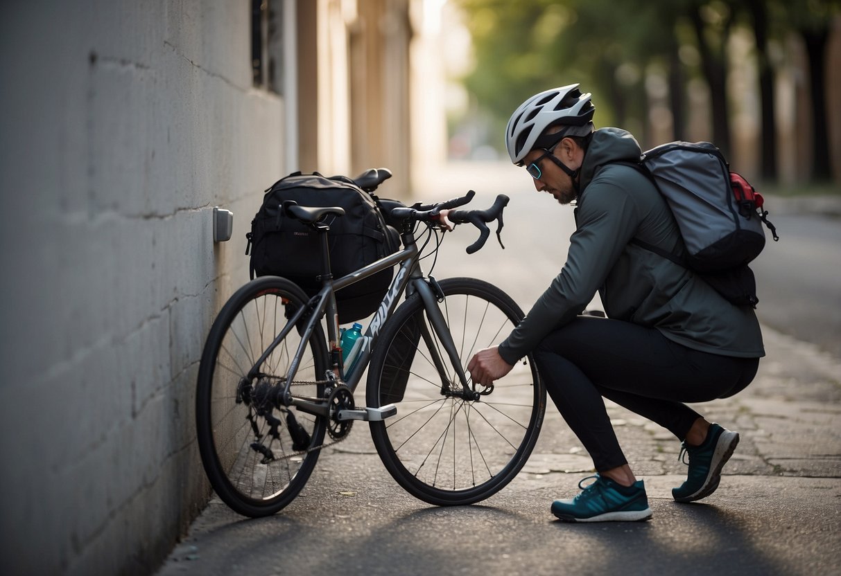 A cyclist packing a backpack with water bottle, map, and snacks, while checking tire pressure and adjusting helmet. Bike leaning against a wall