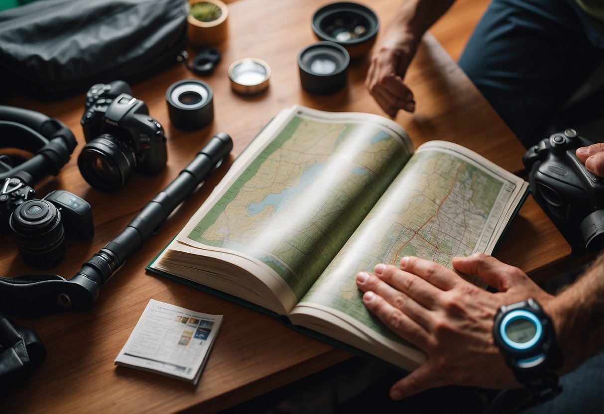 A cyclist reads a guidebook on Route 10, surrounded by biking gear and a map, preparing for a trip