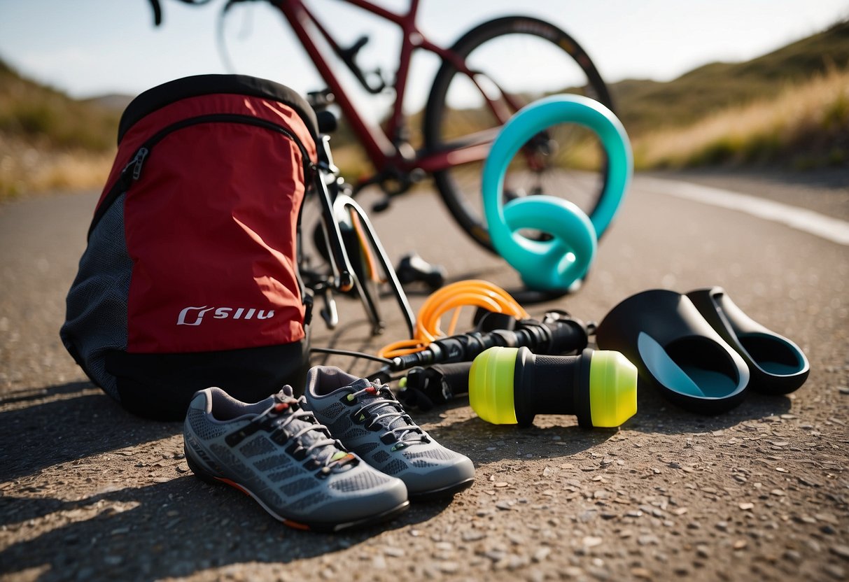 A cyclist's gear and equipment laid out neatly, with a bike pump, water bottle, helmet, and cycling shoes. A map and trail guide sit nearby, along with a foam roller and resistance bands for pre-ride stretching and conditioning