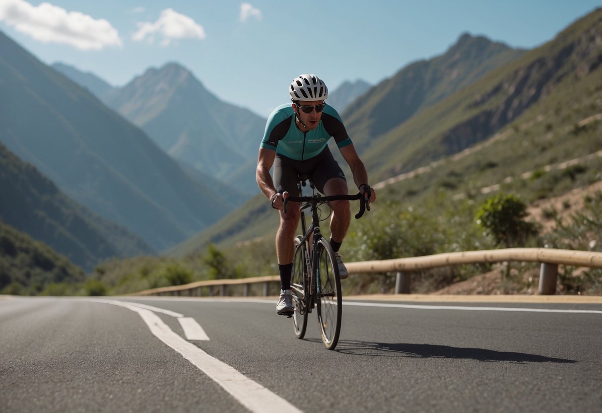 A cyclist struggles to breathe as they pedal uphill, surrounded by towering mountains. They sip water and chew on coca leaves while taking deep breaths to combat altitude sickness