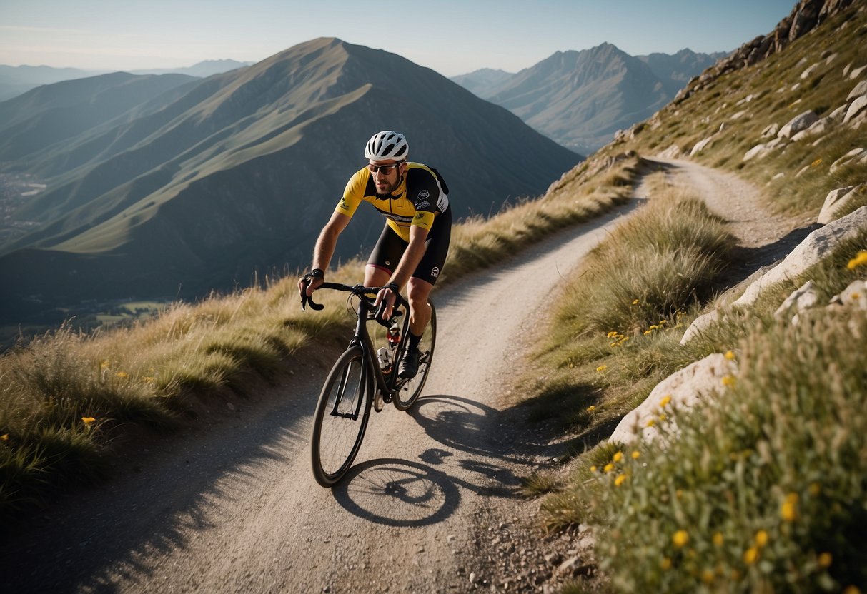 A cyclist ascending a mountain, surrounded by gradually changing landscapes. The cyclist shows signs of altitude sickness, such as dizziness and shortness of breath