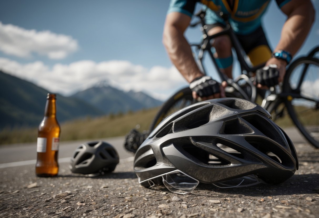 A cyclist struggles to breathe at high altitude. Empty alcohol bottles are scattered nearby. The cyclist clutches their head in pain