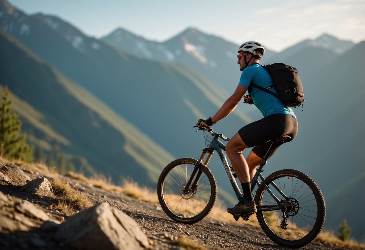 A mountain biker struggles to pedal uphill, surrounded by towering peaks and thin air. A water bottle and altitude sickness medication sit nearby