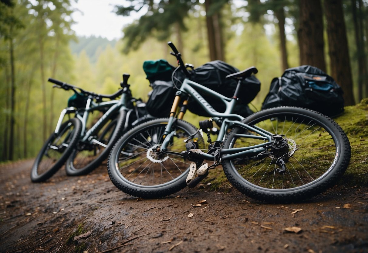 Mountain bikes parked near a trail. Rain gear including jackets, pants, and shoe covers laid out on the ground. Cloudy sky and trees in the background