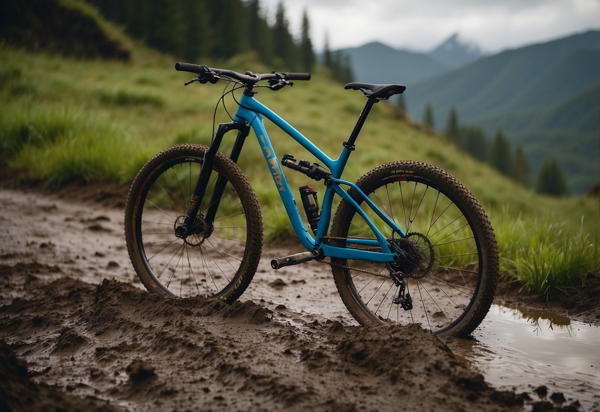 A mountain bike lies on a muddy trail, with Pearl Izumi Elite Gel Gloves resting on the handlebars. Rain gear is scattered nearby