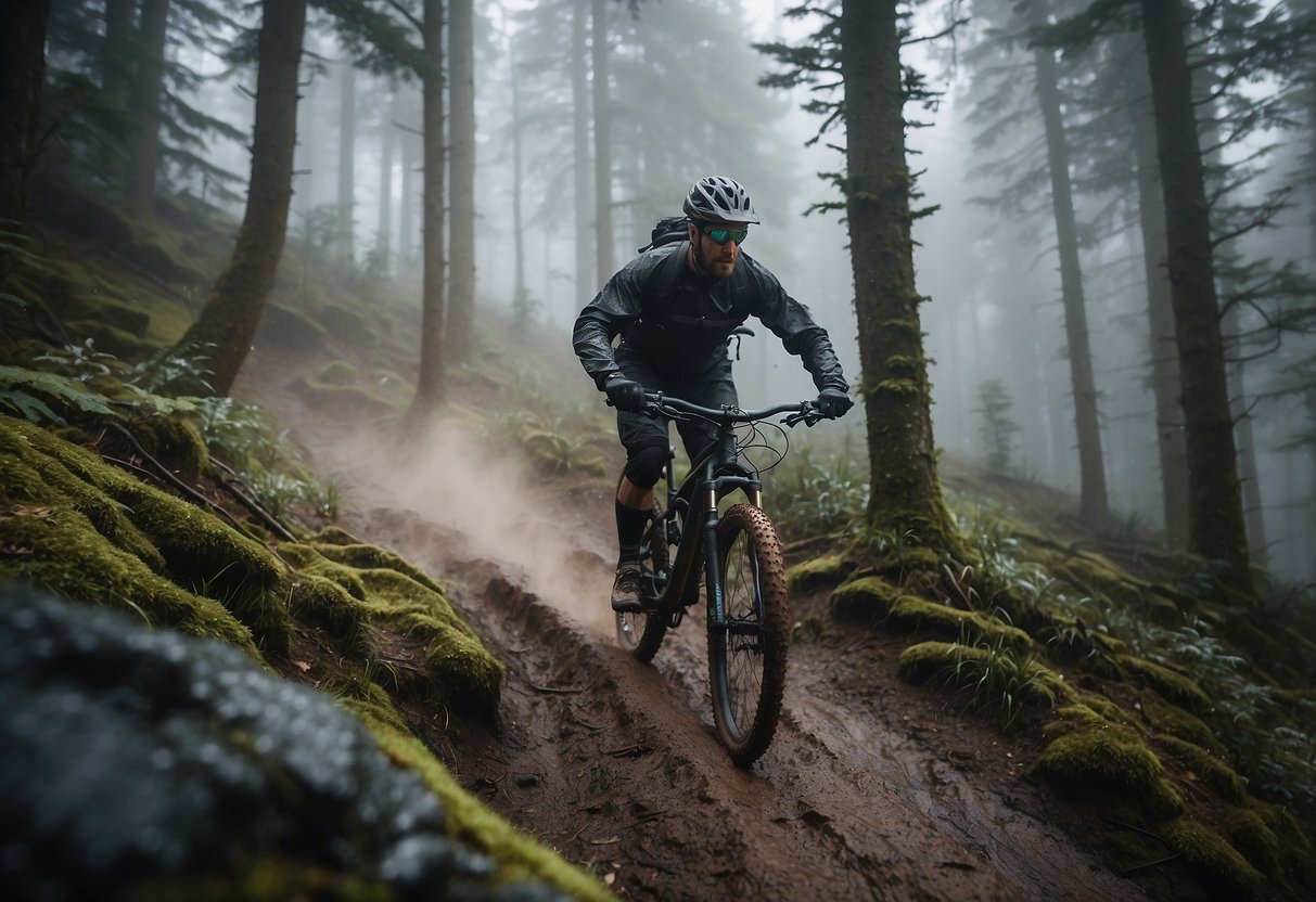 A mountain biker rides through a rugged trail, wearing the Gore Wear C5 GORE-TEX SHAKEDRY 1985 Jacket. Raindrops bead off the lightweight, sleek black fabric, as the biker navigates through the misty