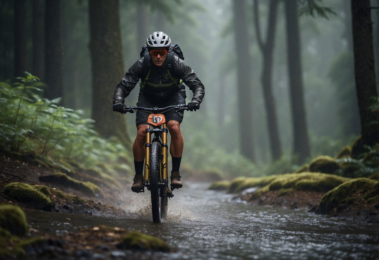 A mountain biker wearing a Fox Racing Ranger 3L Water Jacket rides through a forested trail under a light rain, with the jacket repelling water and keeping the rider dry