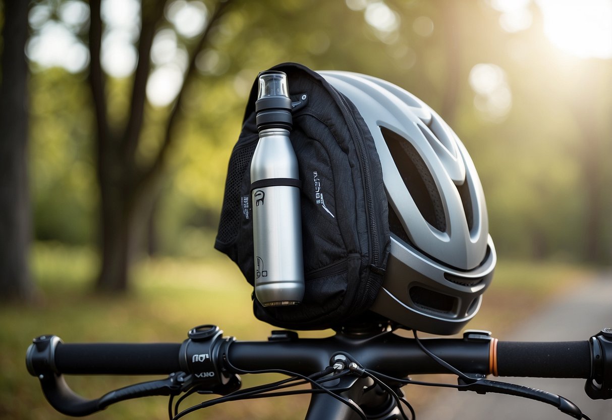 Aerios 30 pack suspended from a bike handlebar, with a water bottle in the side pocket, and a helmet attached to the front