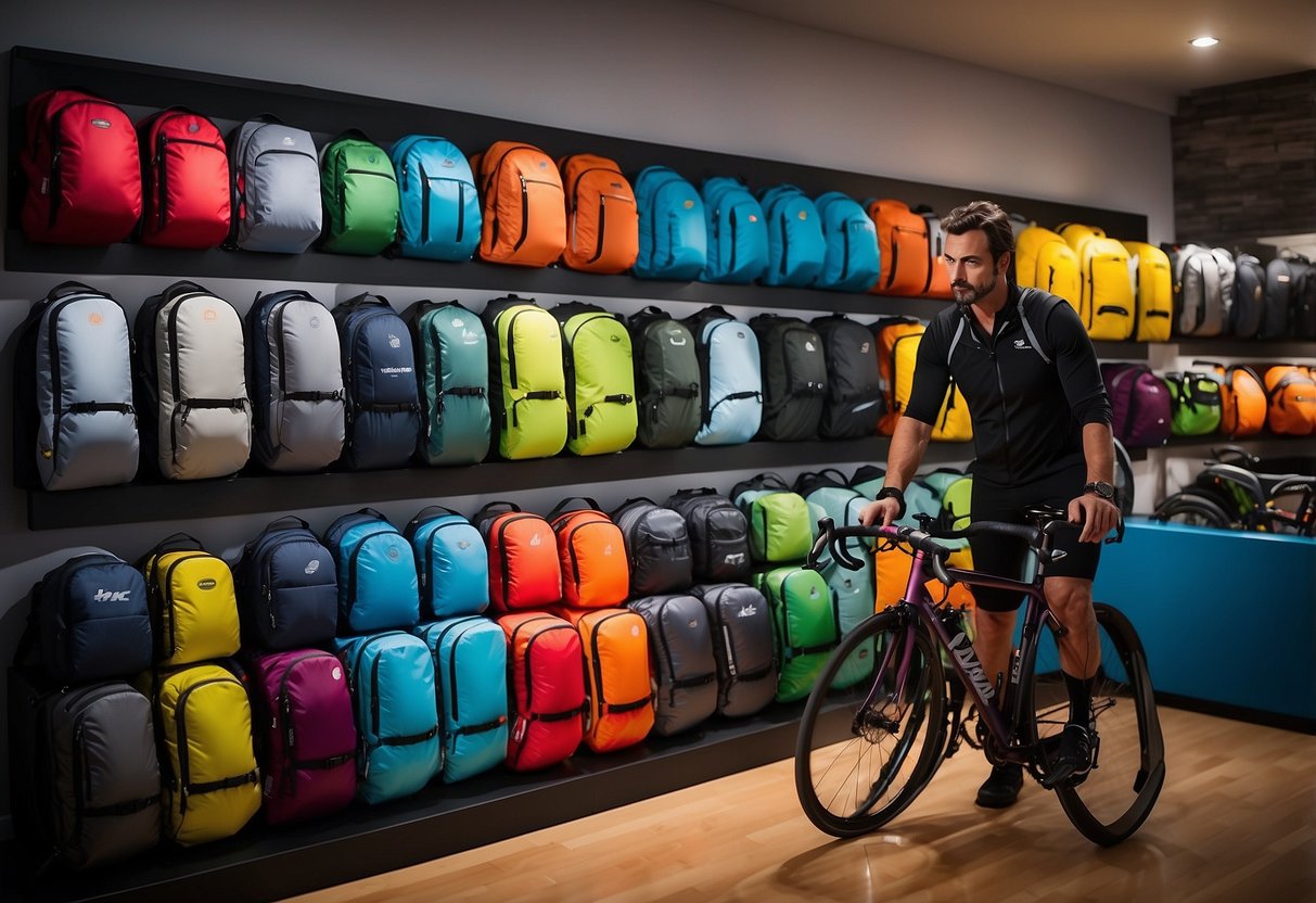 A cyclist standing in front of a display of 10 lightweight biking packs, carefully examining each one for the right fit. The packs are arranged neatly on a table with vibrant colors and various sizes