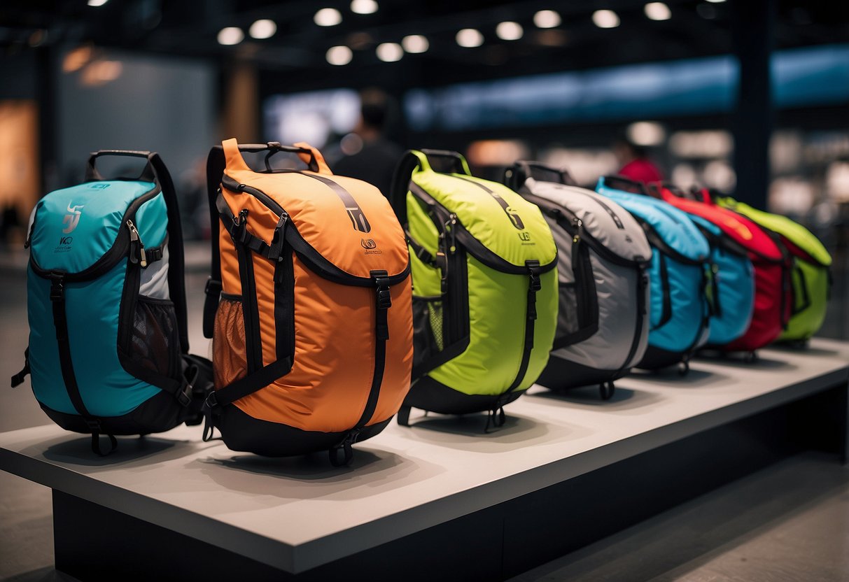 A row of 10 lightweight biking packs, showcasing their material and durability, arranged neatly on a display stand