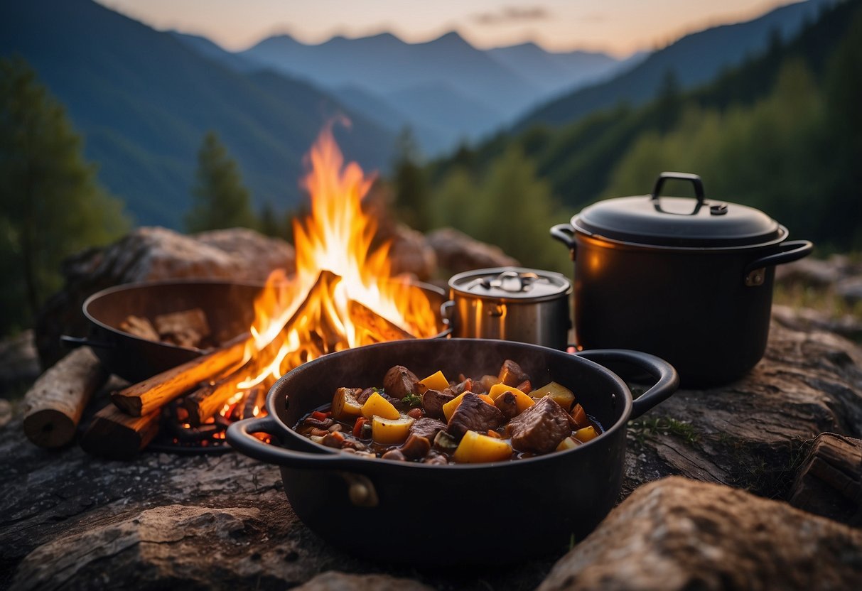 A campfire with a pot of stew simmering on top. A backpack and cooking utensils are scattered around. Trees and mountains in the background