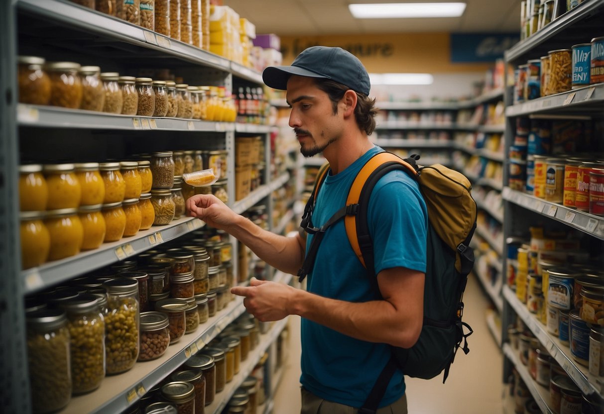 A backpacker selects canned goods and dried foods from shelves in a store, preparing for a trail cooking adventure