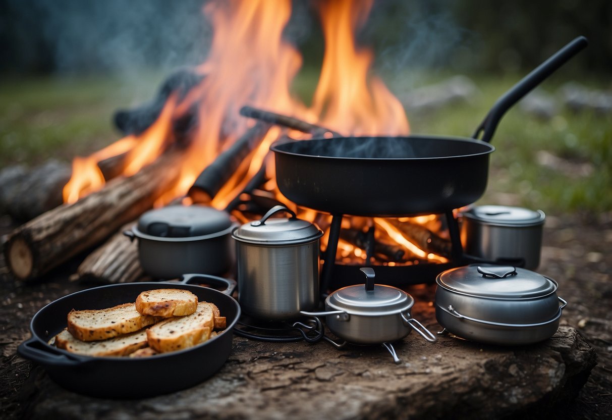 A campfire with a pot boiling over it, surrounded by multi-use utensils such as a spatula, tongs, and a knife. A backpack and a trail map lay nearby