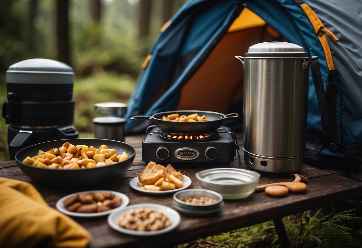 A campsite with a small portable stove, cooking utensils, and various food items neatly organized on a table. A backpack and hiking gear are laid out nearby