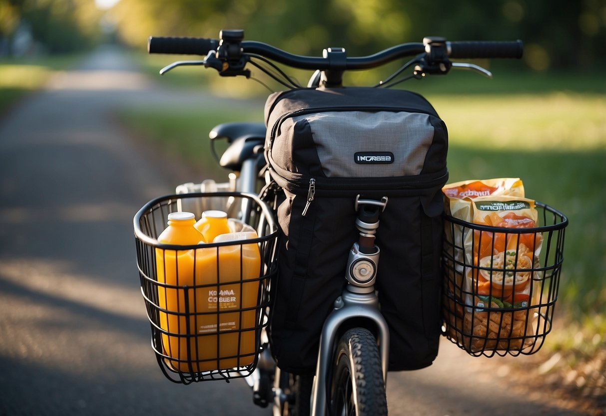 A bike with a front-mounted basket holds a variety of food items, securely fastened with bungee cords. A small cooler is strapped to the rear rack