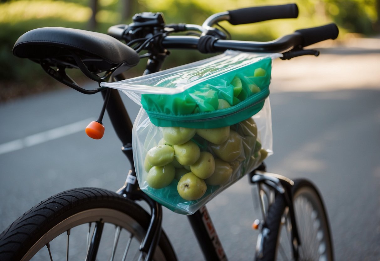 Ziploc freezer bags hang from a bike handlebar, filled with neatly packed food items. A small cooler is strapped to the back of the bike