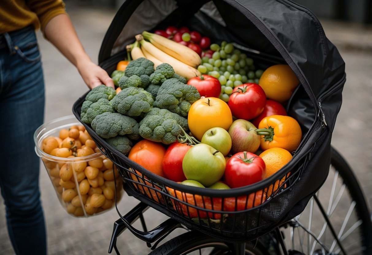 Fresh food stored in a secure, insulated bike basket with a tight lid. Additional options include a cooler bag, vacuum-sealed containers, and resealable bags