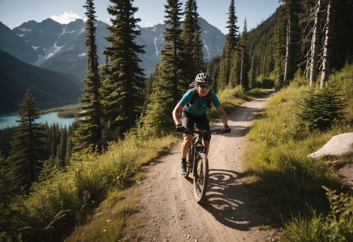 Mountain biking routes wind through Canadian landscapes, passing by lush forests, sparkling lakes, and towering peaks. The trails offer a mix of challenging terrain and breathtaking views