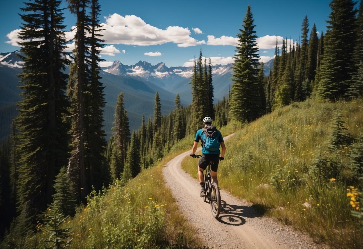 A winding mountain bike trail cuts through lush forests, with snow-capped peaks in the distance. The route follows a scenic path along the Great Divide Mountain Bike Route in Canada