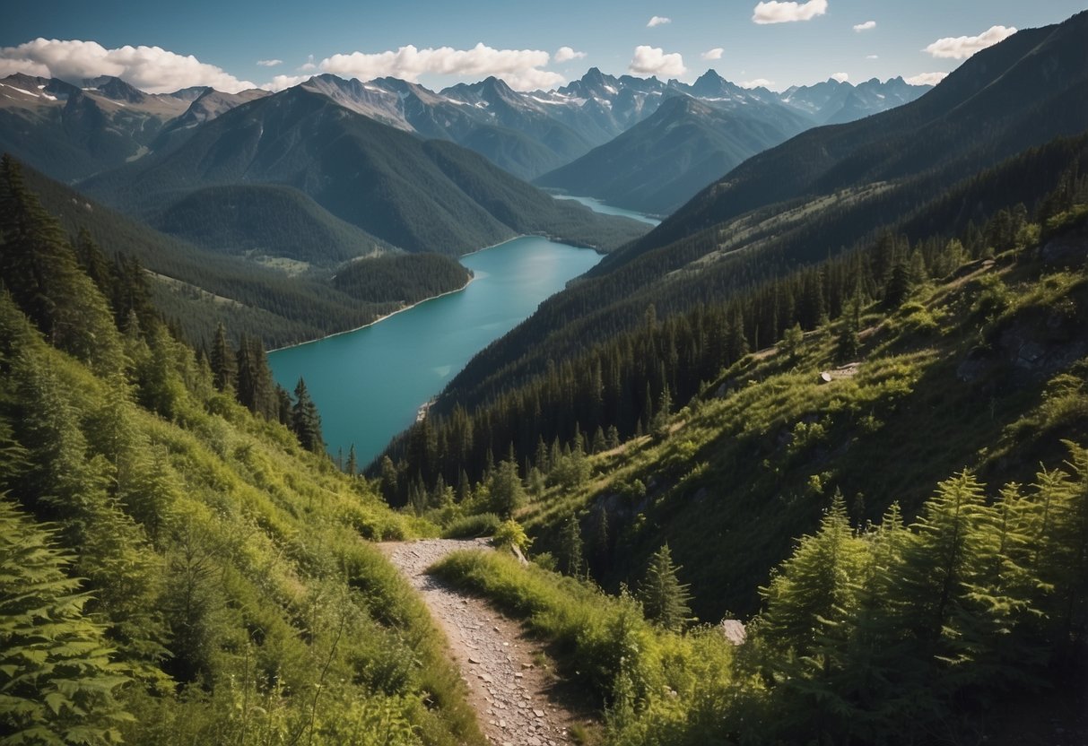 A winding trail cuts through lush forests and rugged mountains, with the occasional glimpse of a sparkling lake or rushing river