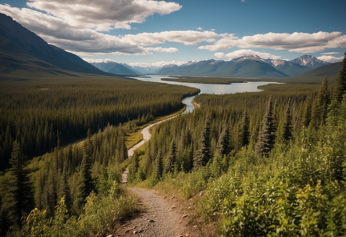 A winding trail cuts through lush forests, alongside the rushing Yukon River. Towering mountains loom in the distance, creating a breathtaking backdrop for adventurous mountain bikers