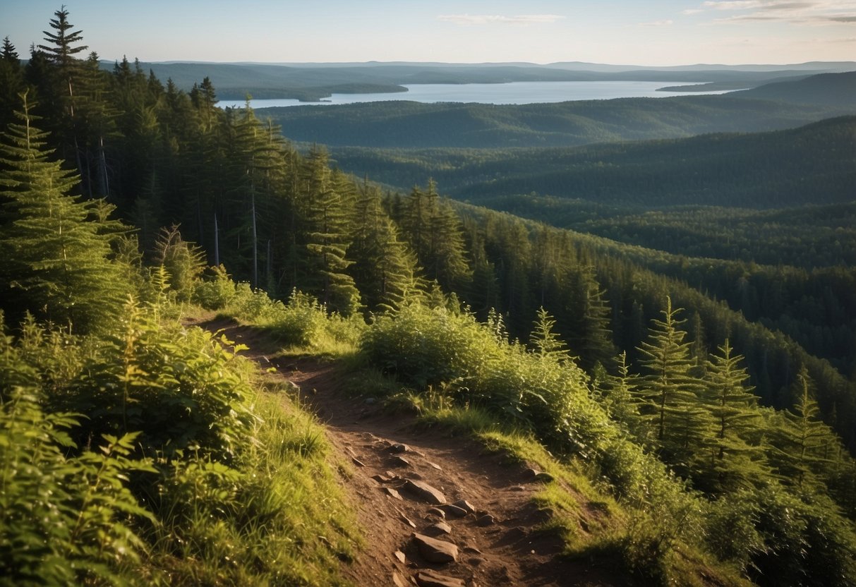 A rugged mountain biking trail cuts through the lush greenery of Fundy Biosphere Reserve, New Brunswick. The trail winds through dense forests and offers breathtaking views of the surrounding mountains